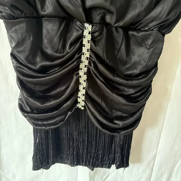 Vintage Expose California Disco Fringe Cocktail Dress Black V-Neck Size 10 - Picture 5 of 6